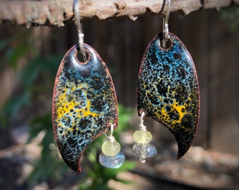 Lichen - Moss - Forest - Earth Copper Enamel “Vesica” Earrings with Moss Aventurine and Labradorite