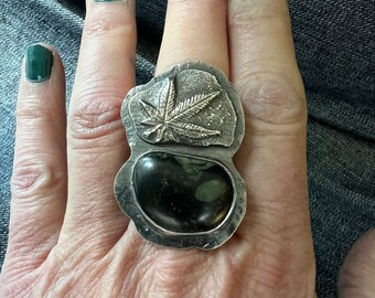 Cannabis Leaf and Kambaba Jasper Recycled Sterling Silver Ring - US 8