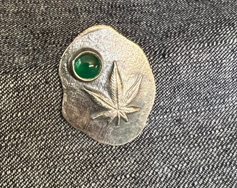 Cannabis Leaf Recycled Sterling Silver Pendant with Green Onyx