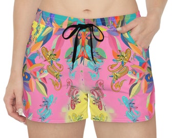 Short de surf pour femme multicolore rose jaune turquoise