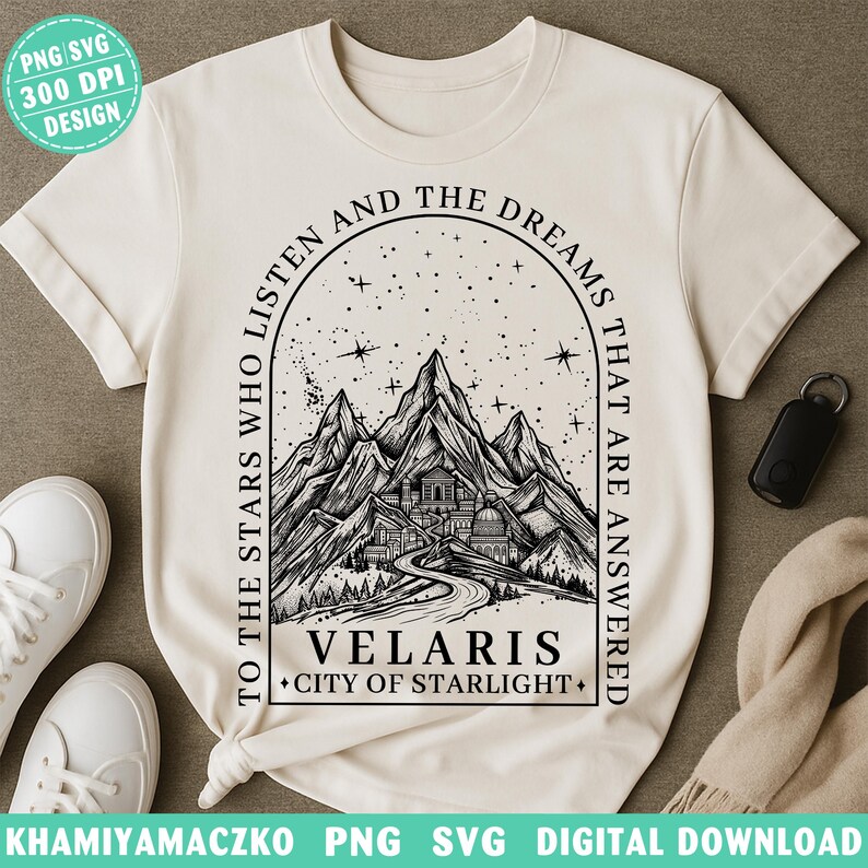 Velaris City of Starlight png, ACOTAR till stjärnorna som lyssnar png, Night Court Mountain SJM digital nedladdning, boklig merchandisedesign bild 4