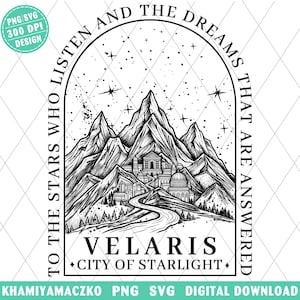 Velaris City of Starlight png, ACOTAR till stjärnorna som lyssnar png, Night Court Mountain SJM digital nedladdning, boklig merchandisedesign bild 1