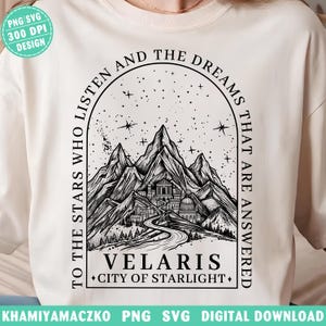 Velaris City of Starlight png, ACOTAR till stjärnorna som lyssnar png, Night Court Mountain SJM digital nedladdning, boklig merchandisedesign bild 5
