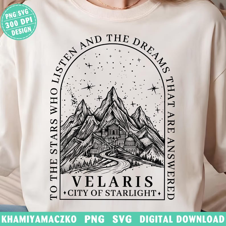 Velaris City of Starlight png, ACOTAR till stjärnorna som lyssnar png, Night Court Mountain SJM digital nedladdning, boklig merchandisedesign bild 5