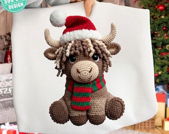 Yarn Crochet Highland Cow PNG, Highland Cow Christmas Design, Western Girly Xmas PNG, Trendy Holiday Sublimation File, Cute Farm Animal Art