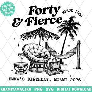 40° compleanno in spiaggia PNG, Forty Fierce SVG, viaggio tra ragazze a Miami per sublimazione, download digitale, trasferimento DTF vacanze estive retrò 1986