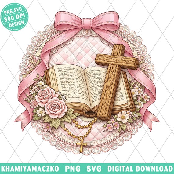 Coquette Christian PNG, Bible Cross Sublimation, Vintage Pink Bow Religious Clipart, Floral Faith Digital Download, Baptism First Communion