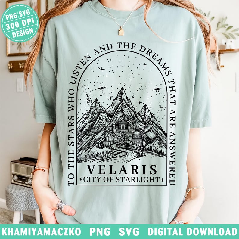 Velaris City of Starlight png, ACOTAR till stjärnorna som lyssnar png, Night Court Mountain SJM digital nedladdning, boklig merchandisedesign bild 3