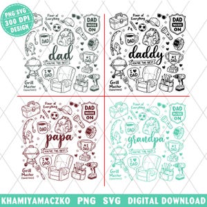Könnte beinhalten: Ein digitales Design mit vier quadratischen Kompositionen mit den Wörtern "dad", "daddy", "papa" und "grandpa". Jedes Design enthält Illustrationen von Werkzeugen, einem Grill, einer Uhr und anderen verwandten Symbolen. Das Design ist in Schwarzweiß mit einigen Farbakzenten.