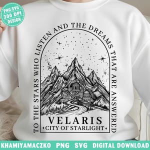 Velaris City of Starlight png, ACOTAR till stjärnorna som lyssnar png, Night Court Mountain SJM digital nedladdning, boklig merchandisedesign bild 6