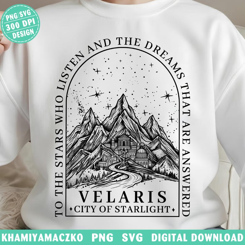 Velaris City of Starlight png, ACOTAR till stjärnorna som lyssnar png, Night Court Mountain SJM digital nedladdning, boklig merchandisedesign bild 6