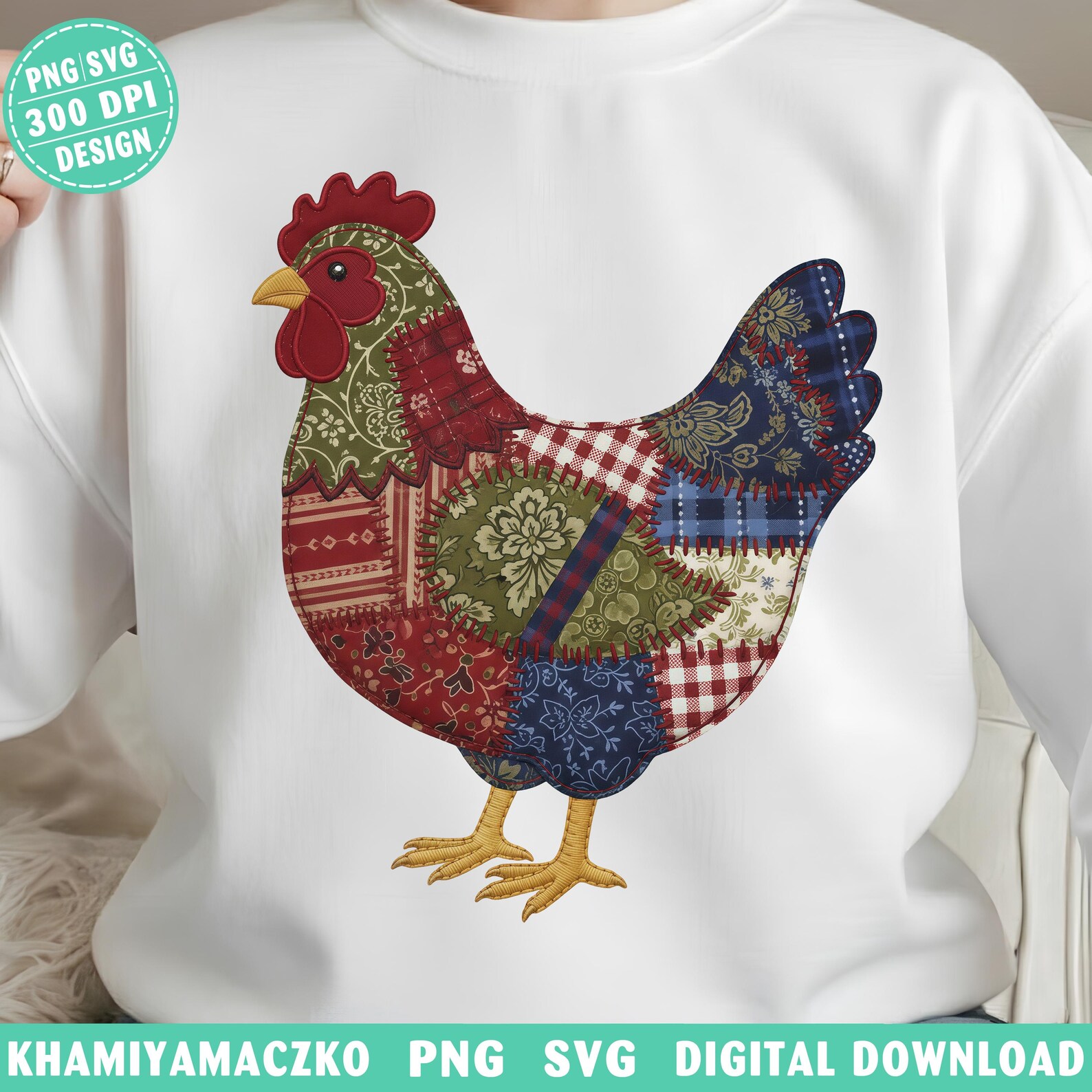 Farmhouse Patchwork Chicken Sublimation Design, Rustic Quilted Rooster ...