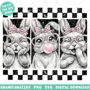 May include: A black and white digital design featuring three bunny illustrations. Each bunny wears heart-shaped glasses and a bow with a leopard print. One bunny is blowing a bubble. The design includes the text "PNG SVG 300 DPI DESIGN" and "KHAMIYAMACZKO PNG SVG DIGITAL DOWNLOAD".