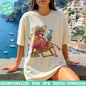 May include: Cream-colored t-shirt featuring a cartoon flamingo in sunglasses, a straw hat, and a cocktail, relaxing in a beach chair. The flamingo is pink, the chair has yellow and orange stripes, and the drink is blue. The shirt has the text "PNG SVG 300 DPI DESIGN".