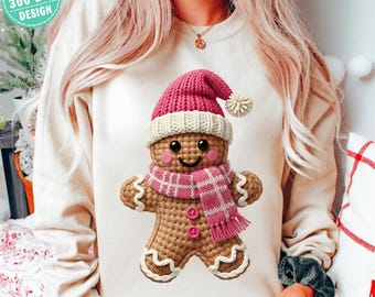 Gingerbread Christmas Png, Faux Yarn Crochet gingerbread PNG, Christmas Shirt Png, Christmas Snowman Png, Pink gingerbread Png