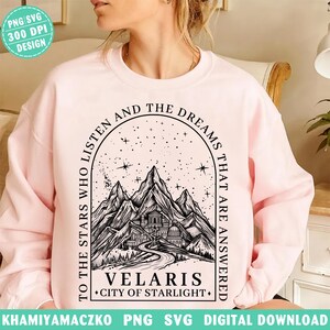 Velaris City of Starlight png, ACOTAR till stjärnorna som lyssnar png, Night Court Mountain SJM digital nedladdning, boklig merchandisedesign bild 2
