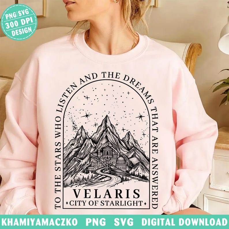 Velaris City of Starlight png, ACOTAR till stjärnorna som lyssnar png, Night Court Mountain SJM digital nedladdning, boklig merchandisedesign bild 2