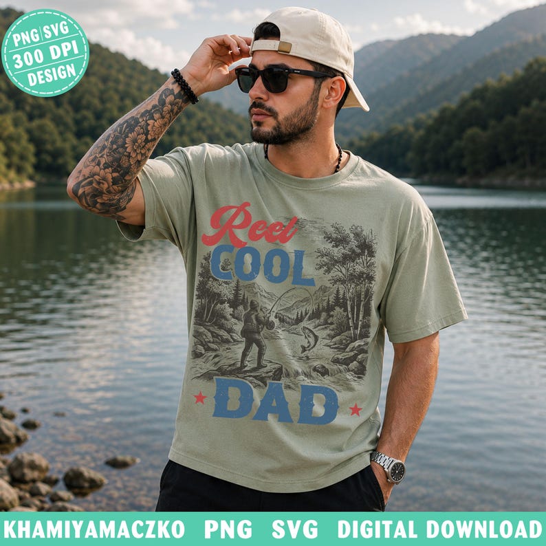 May include: A khaki t-shirt with the text "Reel Cool Dad" in red and blue. The shirt features a graphic of a fisherman and a fish, with a scenic background. The image includes a PNG SVG 300 DPI design.