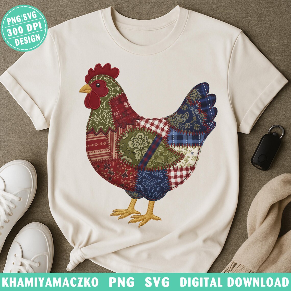 Farmhouse Patchwork Chicken Sublimation Design, Rustic Quilted Rooster ...