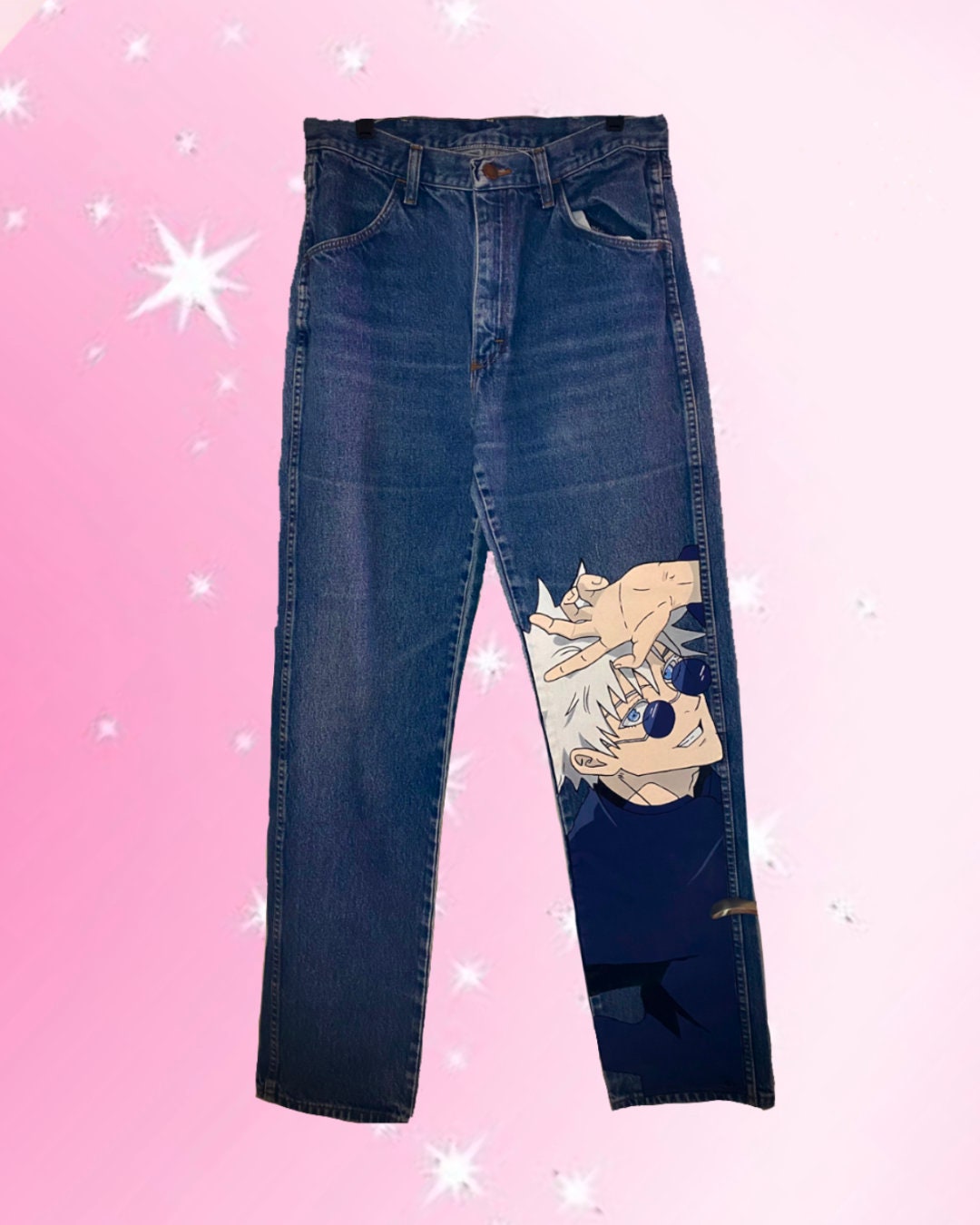 Custom 1/1 Hand Painted Anime Jeans JUJUTSU KAISEN Satoru Custom 1/1 Hand Painted Anime Jeans JUJUTSU KAISEN Satoru