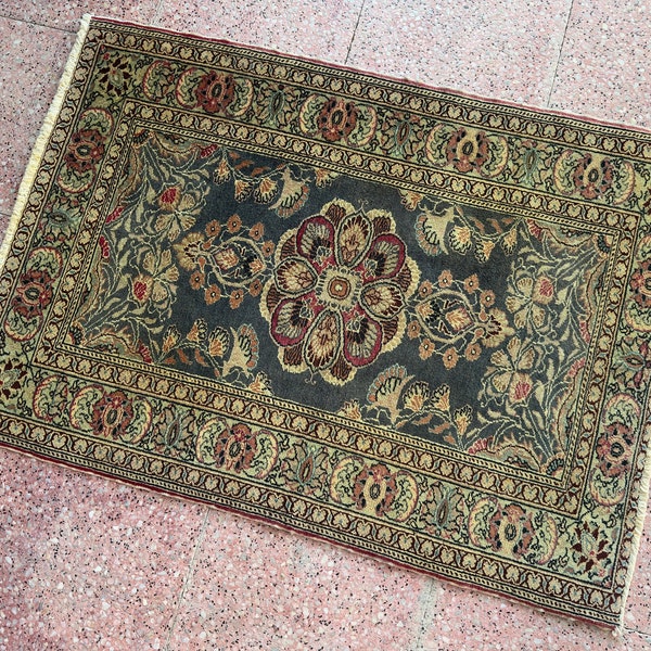 3x4 Handmade Small Floral Persian Rug, Oriental Small Green Rug, Vintage Small Area Rug, Wool Rug 3x4