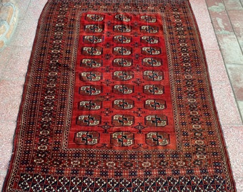Antique Red Traditional Turkmen Rug, Vintage Afghan Area Rug 5x7