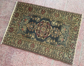 3x4 handgemaakt klein bloemen Perzisch tapijt, oosters klein groen tapijt, vintage klein gebied tapijt, wollen tapijt 3x4