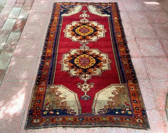 4x25 Vintage Roter Oushak Geometrischer Teppich Wolle Türkisch Anatolischer Teppich, Teppich für Küche, Rustikaler Hausteppich