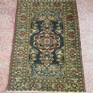 3x4 Handmade Small Floral Persian Rug, Oriental Small Green Rug, Vintage Small Area Rug, Wool Rug 3x4 image 2