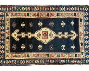 4x6 Vintage Turkish Rug, Blue Area Rug