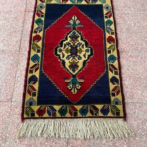 Vintage Turkish Anatolian Wool Rug, Handmade Blue Red Oushak Small Rug, Mini Rug, Small Medallion Rug, 2.4 x 3.7 image 1