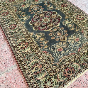 3x4 Handmade Small Floral Persian Rug, Oriental Small Green Rug, Vintage Small Area Rug, Wool Rug 3x4 image 4