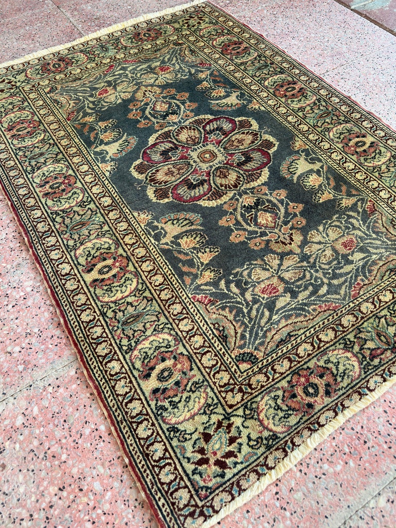 3x4 Handmade Small Floral Persian Rug, Oriental Small Green Rug, Vintage Small Area Rug, Wool Rug 3x4 image 4