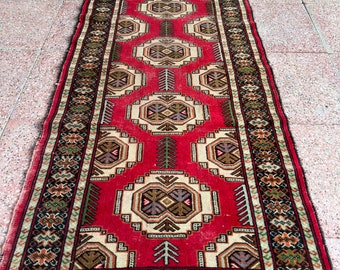 3x9 Vintage Geometric Red Afghan Hallway Runner rug, Handmade Oushak Runner Rug