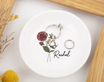 Personalized Birth Flower Jewelry Dish, Personalized Gift for Her, Gift for Mom, Bridesmaid Gift, Engagement Gift, Wedding Ring Holder Dish