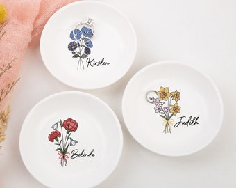 Personalized Birth Flower Jewelry Dish, Wedding Ring Dish, Birthday Gifts for Friends, Engagement Gift, Perfect Bridesmaid Gift for Her