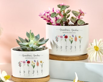 Cadeau de grand-mère, pot de fleur personnalisé, cadeaux personnalisés pour maman, jardin de grand-mère, pot de fleur d'extérieur, fleur de naissance, cadeaux pour maman d'une fille