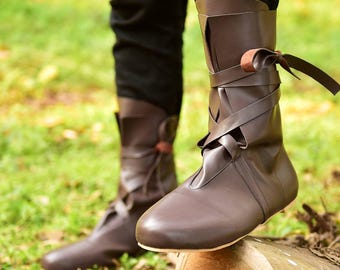 Mens Viking Renaissance PU Leather Boots: Medieval Pirate Shoes