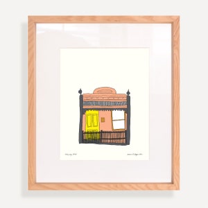 Fitzroy House with a Yellow Door Art Print. Original illustration of Melbourne Terrace House. A4/A3 image 1