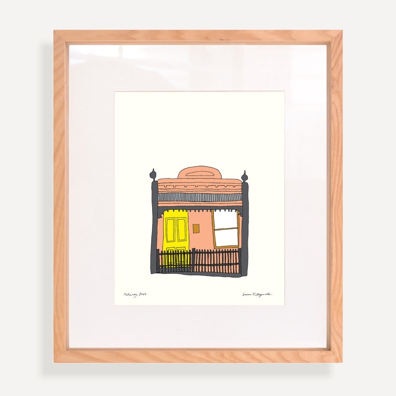 Fitzroy House with a Yellow Door Art Print. Original illustration of Melbourne Terrace House. A4/A3 image 1