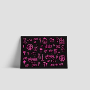 Postal de Melbourne en una edición limitada en color rosa sobre negro. Tarjeta ilustrada reciclada, ecológica y fabricada en Australia.