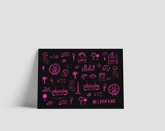 Melbourne Postcard in a limited edition pink on black colourway. Illustrated card that is recycled, ecofriendly and made in Australia.