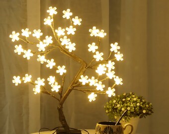 Cherry Blossom Tree Light, Tree Lamp, LED Illuminated Artificial Flower, 40 LED, USB Powered, Black Branches, Detachable Base,Gifts