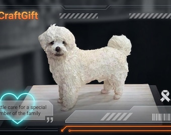 May include: A white, textured dog figure stands on a wooden surface. The image includes the text "YourCraftGift" and "CUSTOM FIGURE DESIGN ON DEMAND". The caption also includes the text "A little care for a special member of the family".
