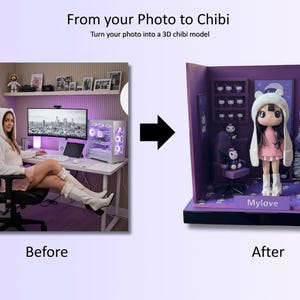 Op de afbeelding: De afbeelding toont een voor-en-na transformatie van een foto naar een 3D chibi-model. De "voor" afbeelding toont een persoon aan een bureau. De "na" afbeelding is een chibi-model in een paarse kamer met een pop.