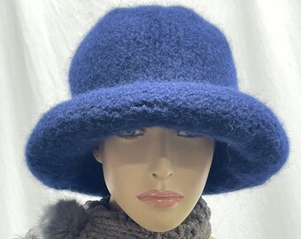 Felted Hat, Hand Knit Hat, Felted Wool & Mohair, Bowler Hat, Brimmed Hat, Navy Blue Hat, Felted Hat, Knitted Hat, Winter Hat, Women's Hat