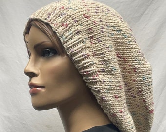 Cream Speckle Knit Slouchy Beanie, Knit Slouchy Beanie, Hat Unisex Slouch Beanie, Dreadlocks Slouchy Beanie, Winter Hat, Cream Cotton Beanie