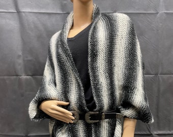 Hand Knit Shawl, Knitted Wrap, Women's Shawl, Black, Charcoal & White Shawl, Women's Accessories, Triangle Knit Shawl, Handmade Knitted Wrap