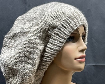Knit Slouchy Beanie, Knit L/XL Slouchy Beanie, L/XL Hat, Unisex Slouch Beanie, Dreadlocks Slouchy Beanie, Winter Hat Beige/Brown Wool Beanie