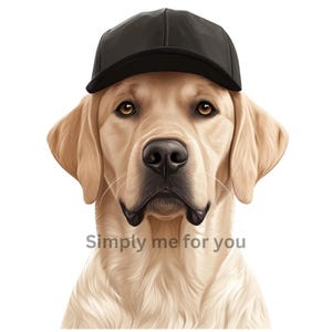 May include: A light brown Labrador Retriever wearing a black baseball cap. The dog is looking directly at the camera. The text "Simply me for you" is written below the dog.